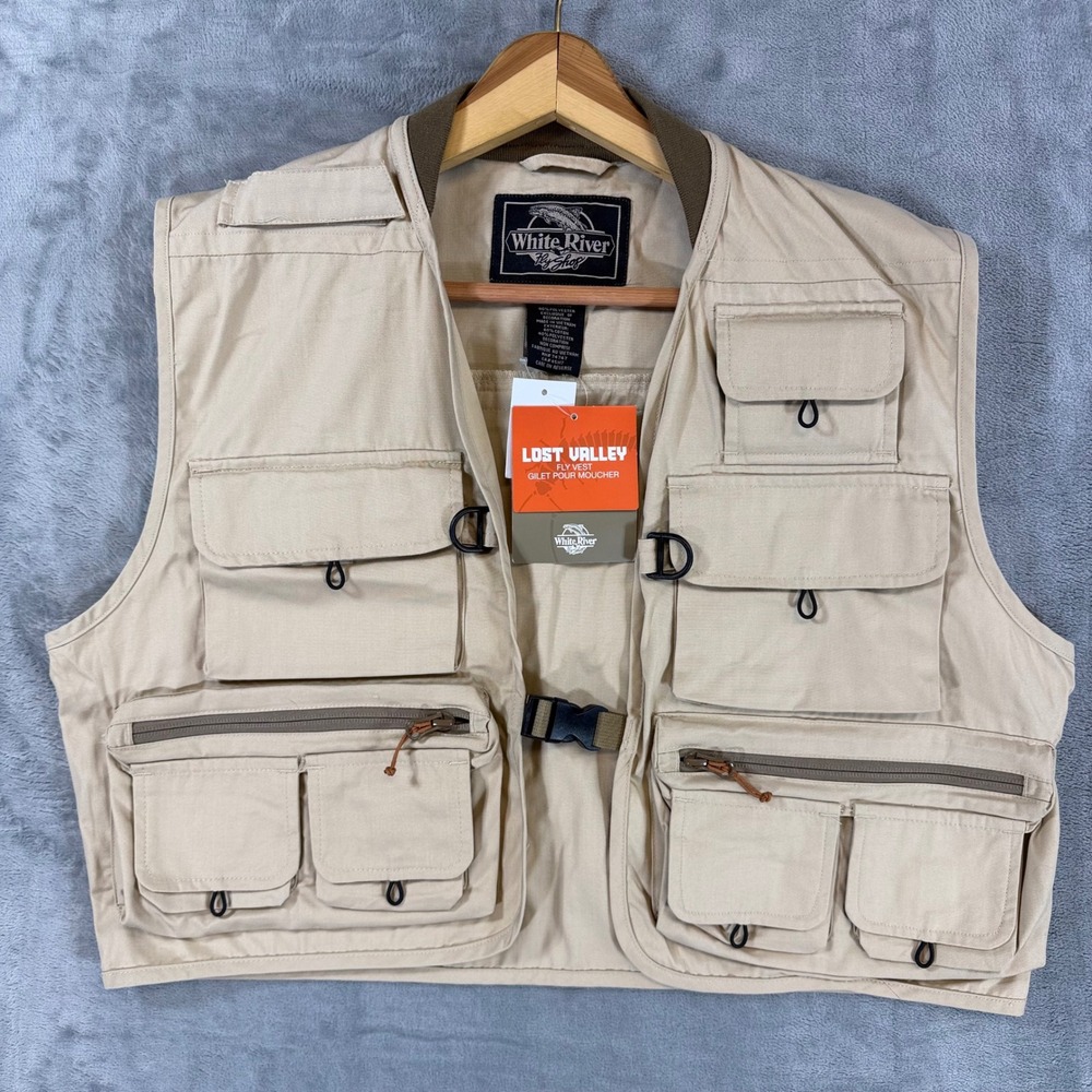 New White River Fly Shop Lost Valley Fly Fishing Vest Mens Size Medium Tan Khaki